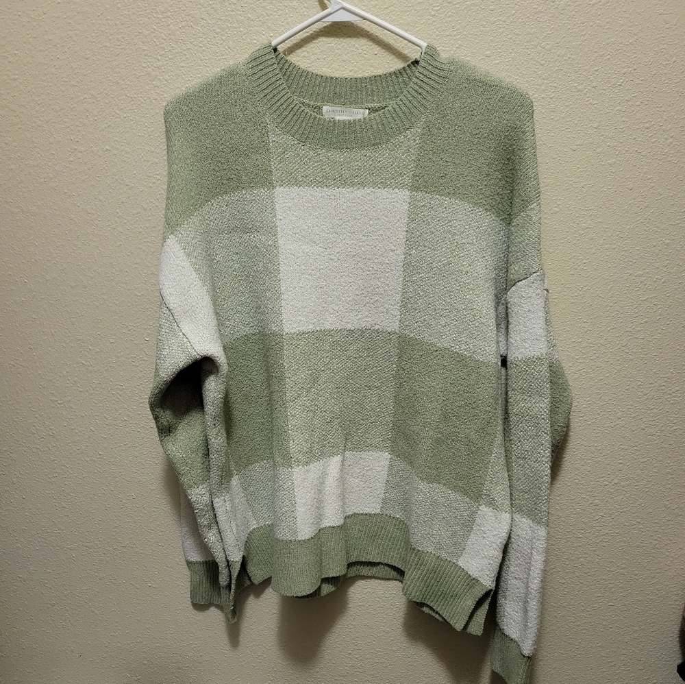 Christian Siriano New York Crewneck Sweater in Green and White Plaid, size XL